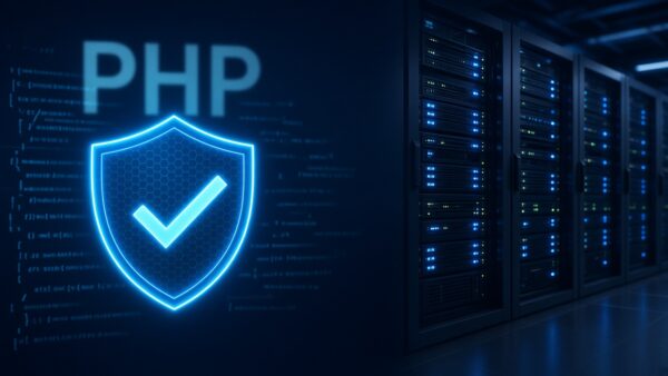 Schutzschild mit Häkchen vor Serverschränken – PHP-Sicherheitsupdate